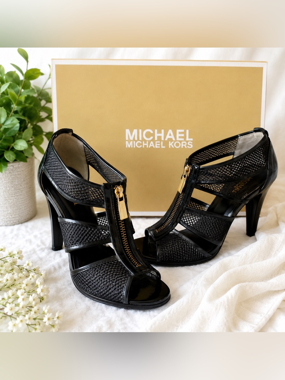 MICHAEL Michael Kors Black Woven Leather Peep-Toe Heel Sandals with Gold Zip